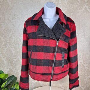 Love Chemistry Size Medium Red/Black Buffalo Plaid Jacket Moto  Zip Front NWT